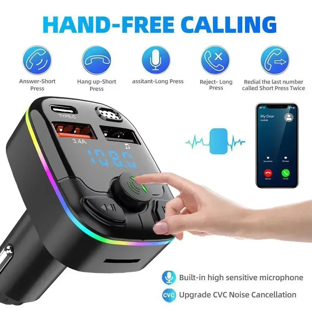 Bluetooth 5.0 Car FM Transmitter PD Type-C Dual USB Ambient Player MP3 Fast Charger Type-C