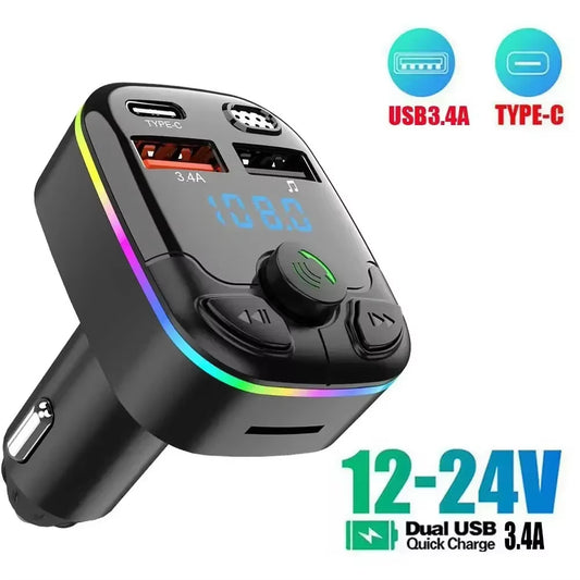 Bluetooth 5.0 Car FM Transmitter PD Type-C Dual USB Ambient Player MP3 Fast Charger Type-C