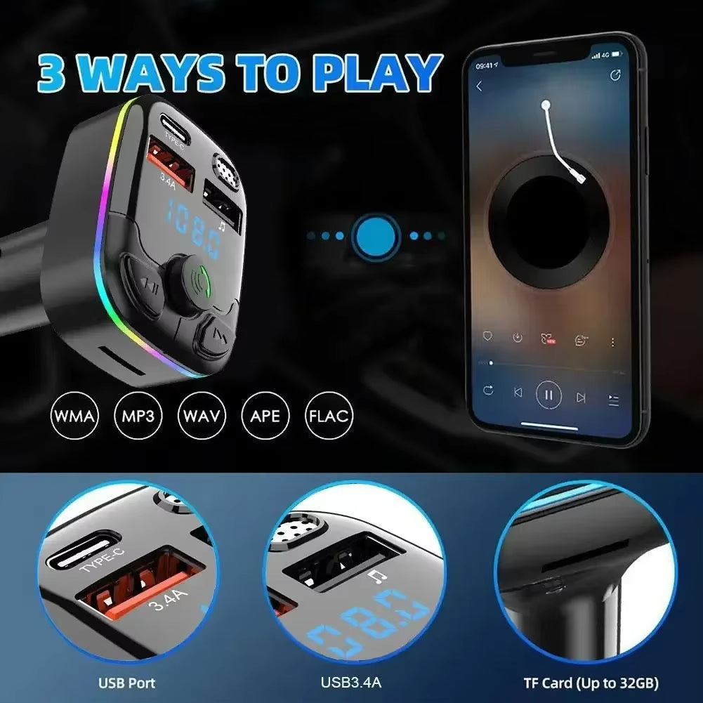 Bluetooth 5.0 Car FM Transmitter PD Type-C Dual USB Ambient Player MP3 Fast Charger Type-C